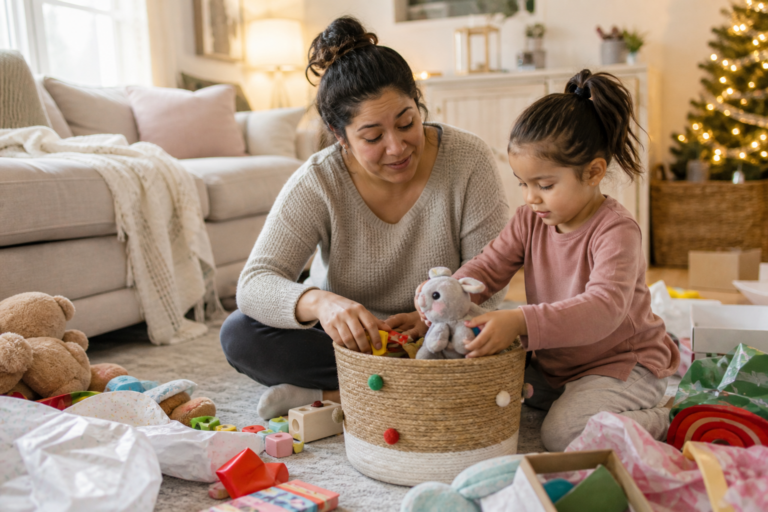 Latina mother and preschool child sorting new toys into a basket after gift opening