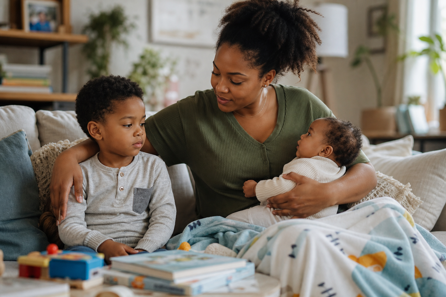 Black mother holding a baby while gently reaching toward an older preschool child