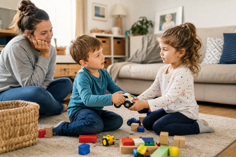 White parent watching two preschool children calmly negotiate over a favorite toy