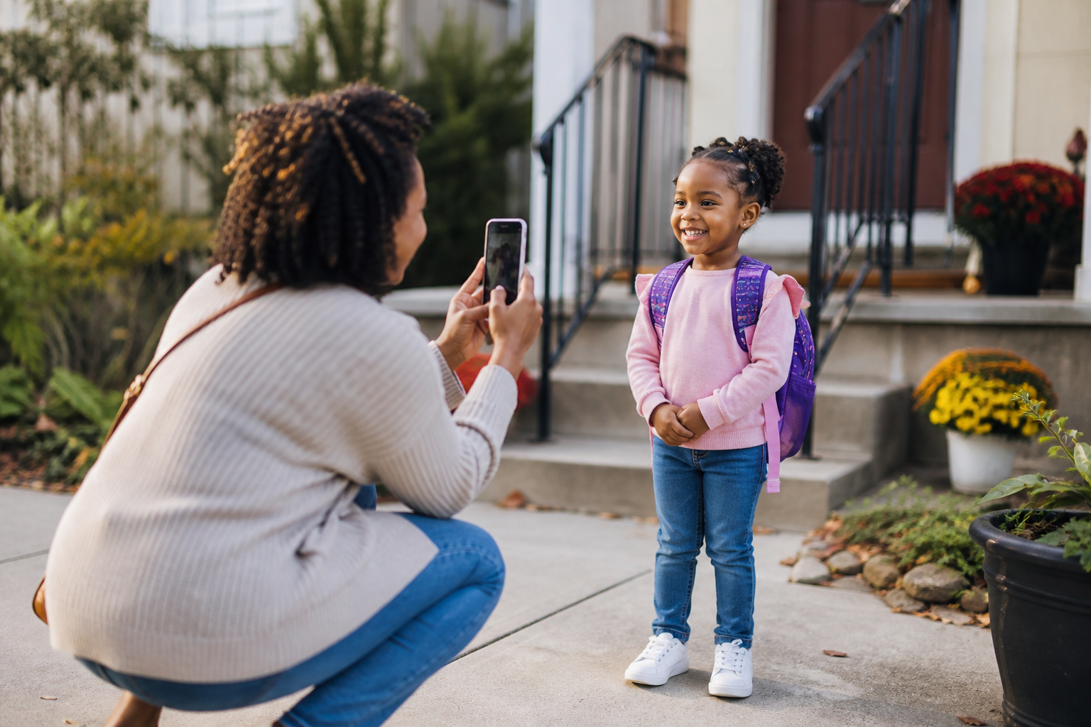 Black mother taking a photo of preschool child with a backpack on a sidewalk