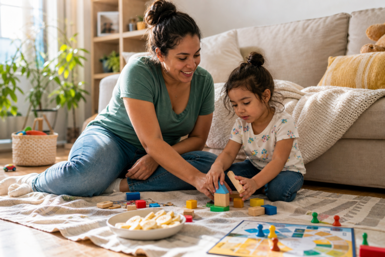 Latina parent and preschool child building blocks during a relaxed weekend morning