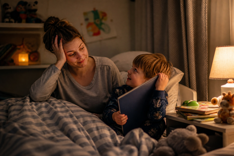 White parent sitting beside a preschool child holding one more bedtime book