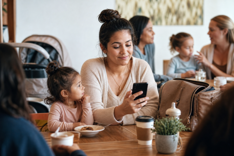 Latina mother with preschool child glancing at her phone in a casual coffee shop