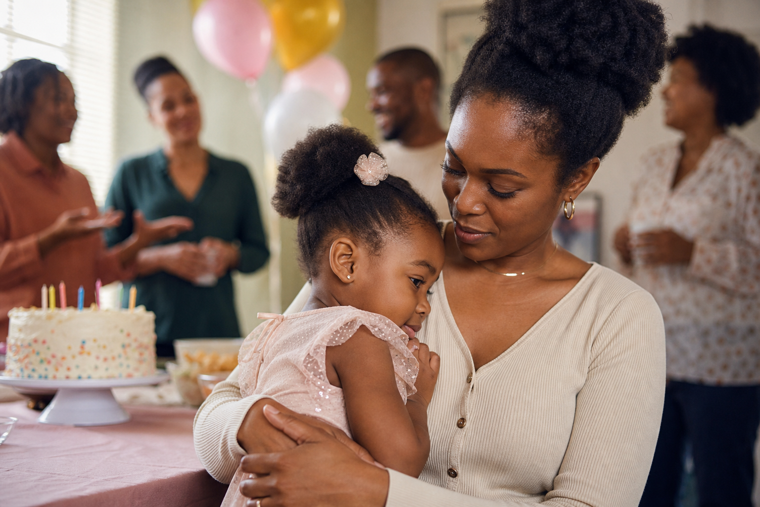 Black mother comforting a shy preschool birthday child during a small home party