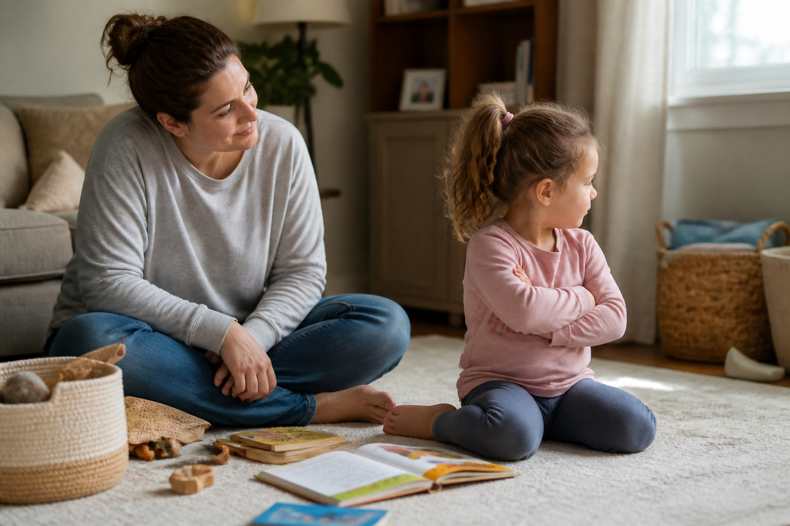 White parent sitting patiently near a preschool child with big feelings in a cozy living room