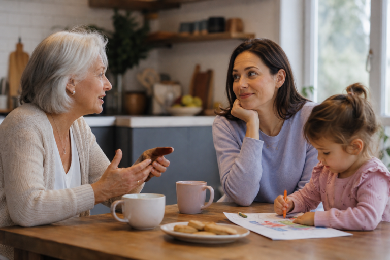 White grandmother talking with a mother while a preschool child colors at a kitchen table