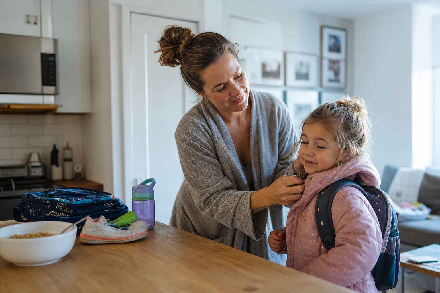 White mother helping preschool child with a jacket during a busy morning at home