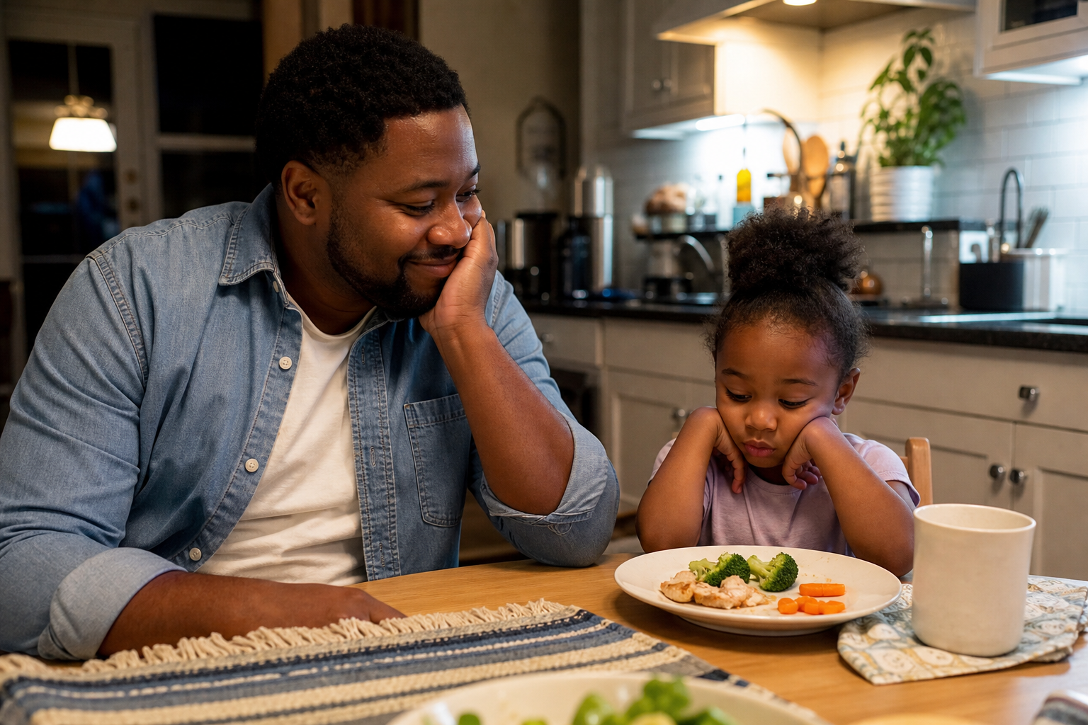 Black parent sitting calmly beside a preschool child inspecting dinner at a kitchen table