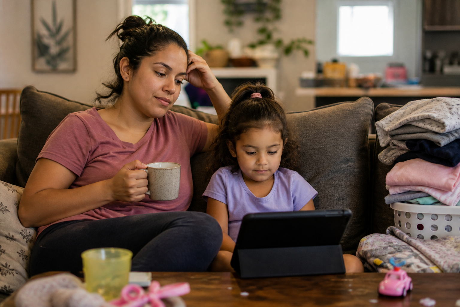 Latina mother sitting beside preschool child with a tablet in a cozy living room