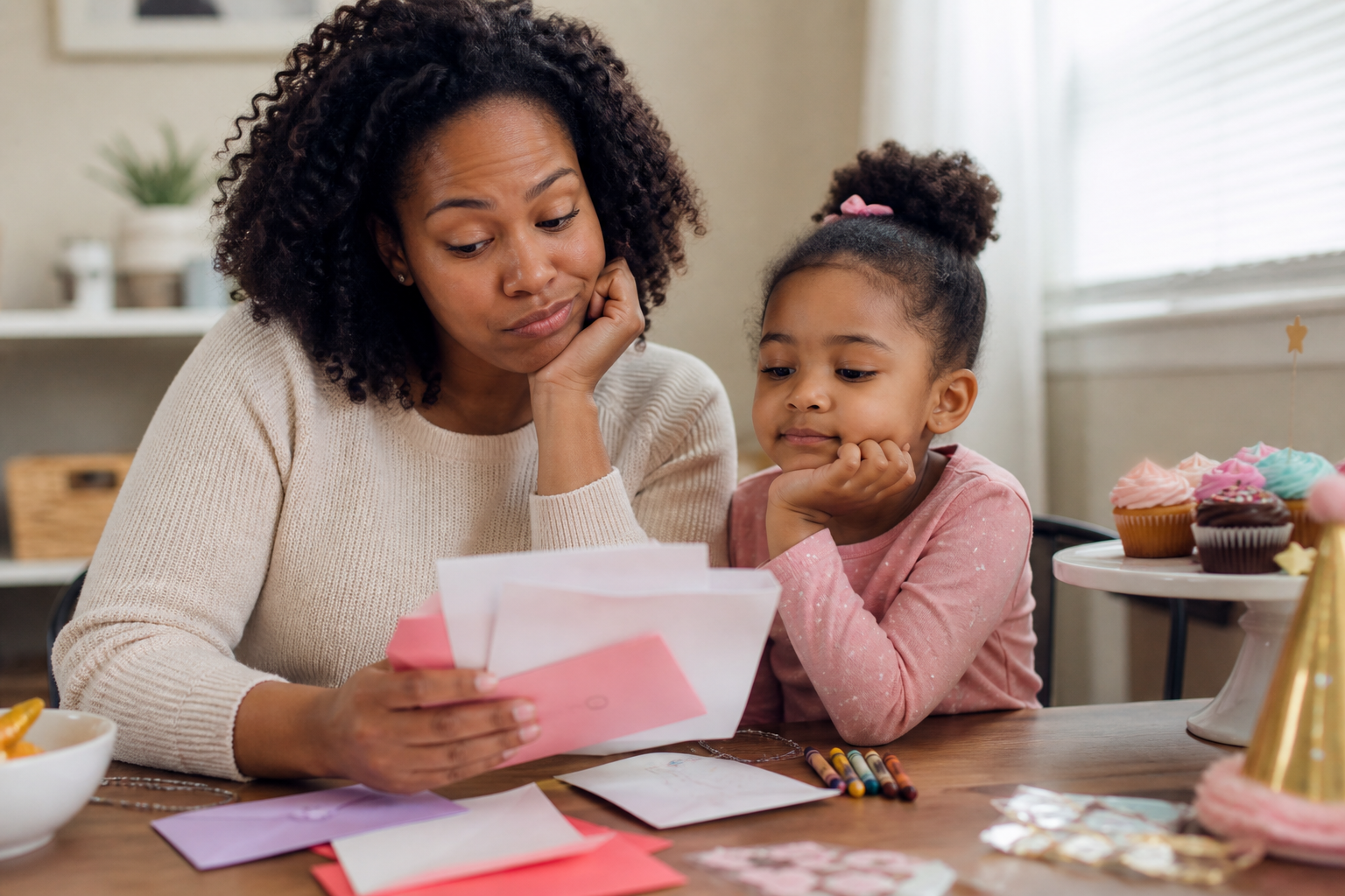 Black mother and preschool child looking at birthday invitations at a dining table