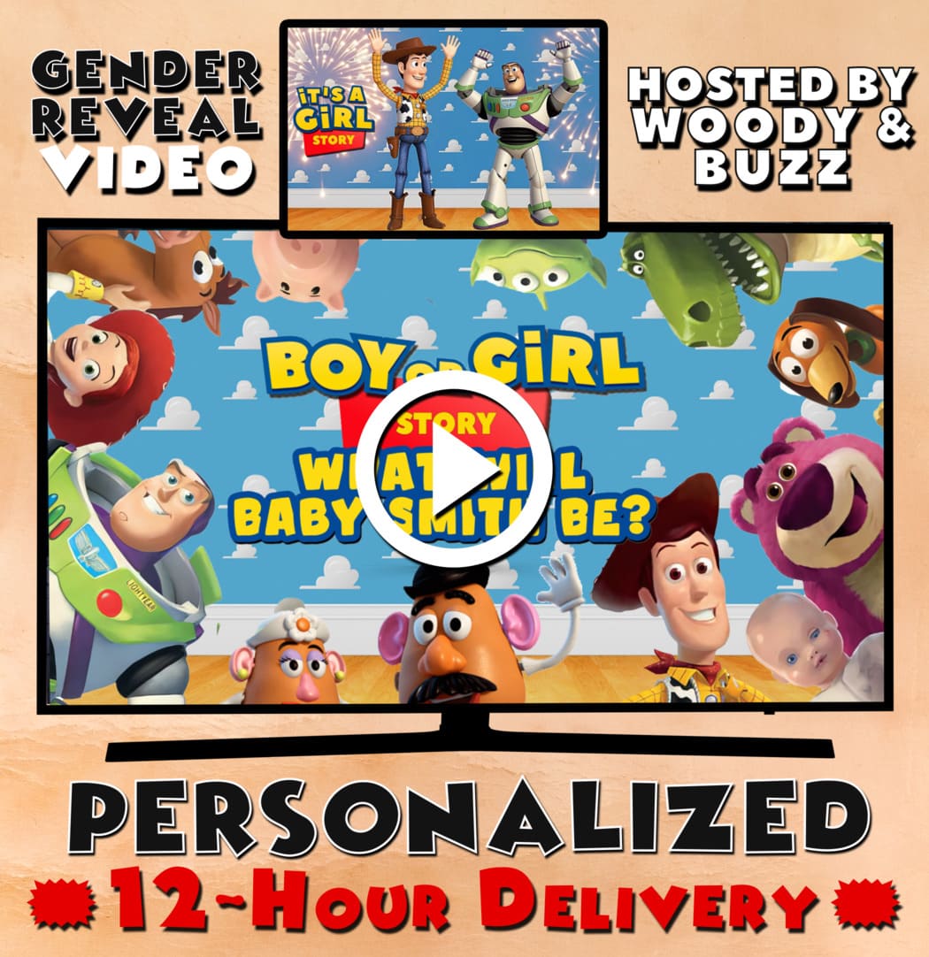 Personalized toy movie gender reveal video cover