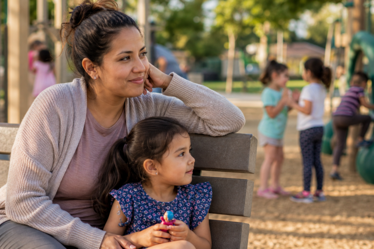 Latina mother and preschool child watching children play at a playground