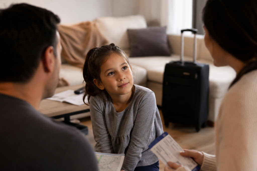 Young child reacting thoughtfully to a family surprise trip announcement at home