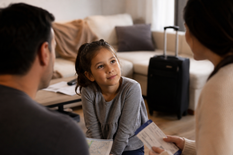 Young child reacting thoughtfully to a family surprise trip announcement at home