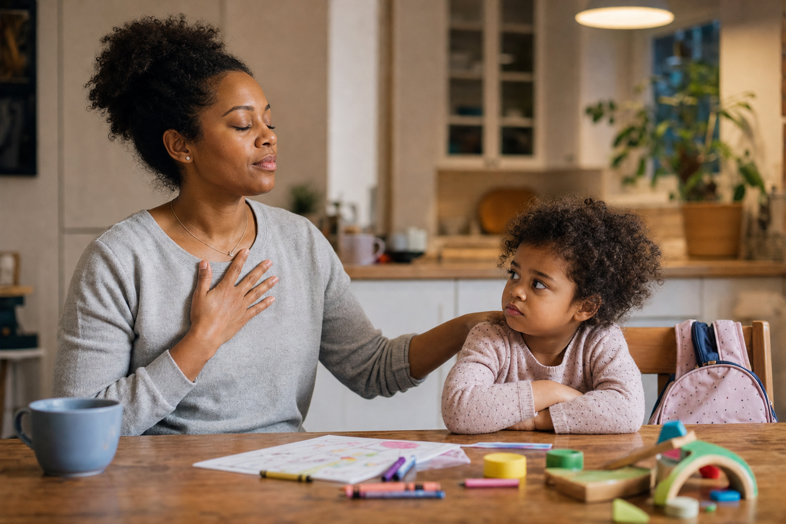 Black mother taking a calm breath beside her preschool child at an evening kitchen table
