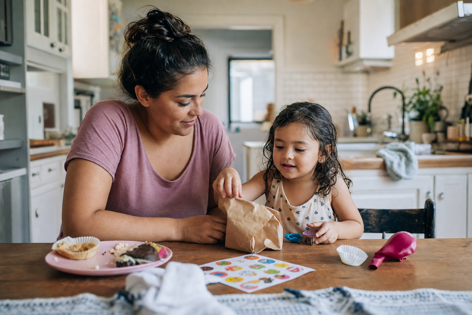 Latina mother and preschool child looking at a simple birthday party favor bag at a kitchen table