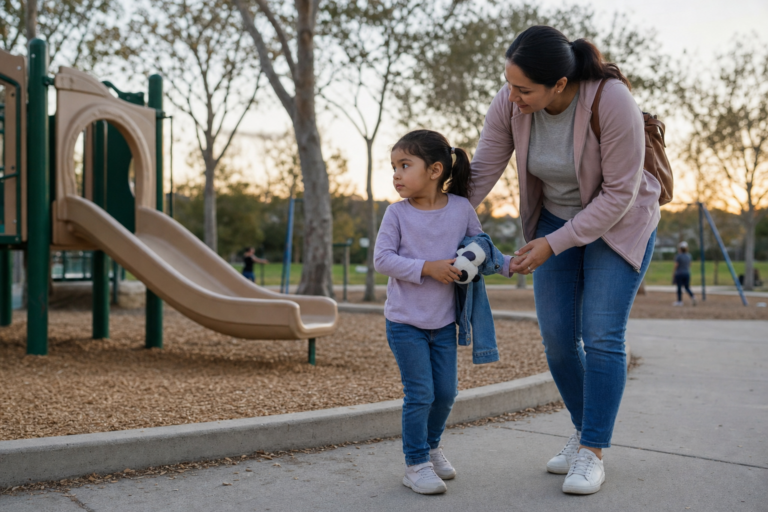 Latina mother gently helping her preschool daughter leave a neighborhood playground in the early evening