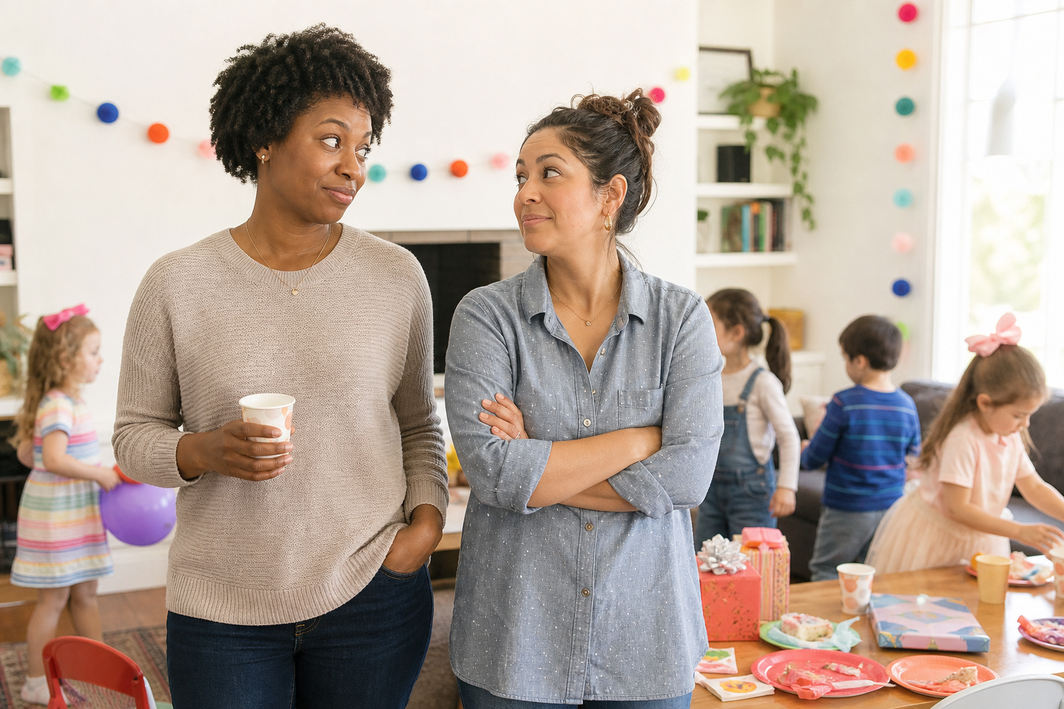 Two moms at a preschool birthday party sharing a knowing look while children play nearby