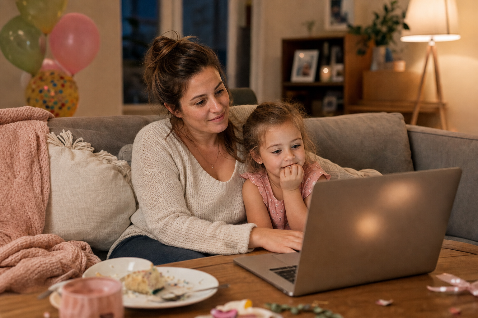 White mother and preschool child watching a personalized birthday video together after a small party
