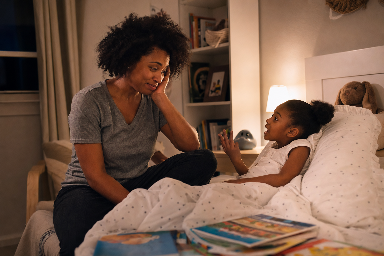 Black mother sitting with her young child during bedtime in a softly lit bedroom