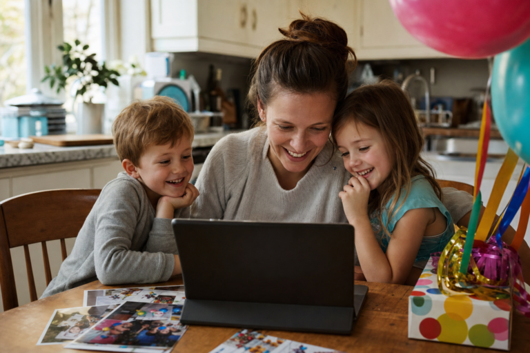 White mother and two young children watching birthday video clips together at a kitchen table