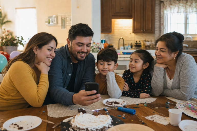 Latina family watching celebration video clips together at a kitchen table after a party