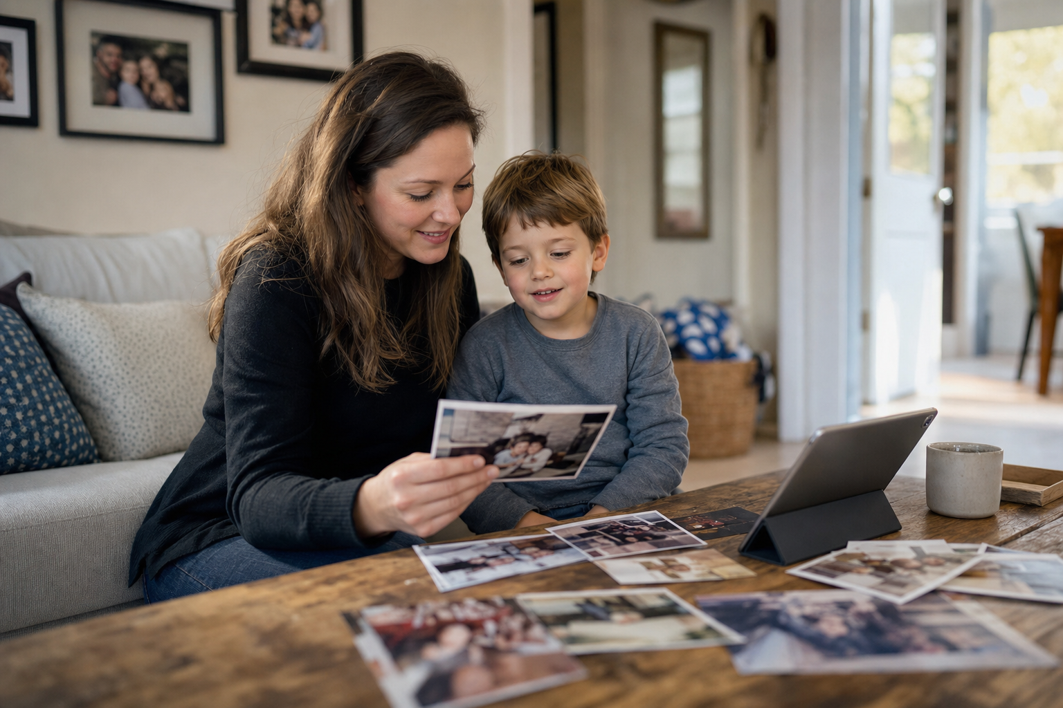 White mother and young child looking through family photos together in a living room