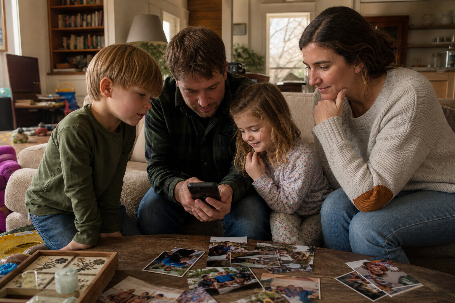 White family looking at photos together in a cozy living room