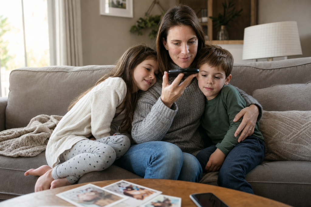 White mother and two young children listening to a family voice message on a living room sofa