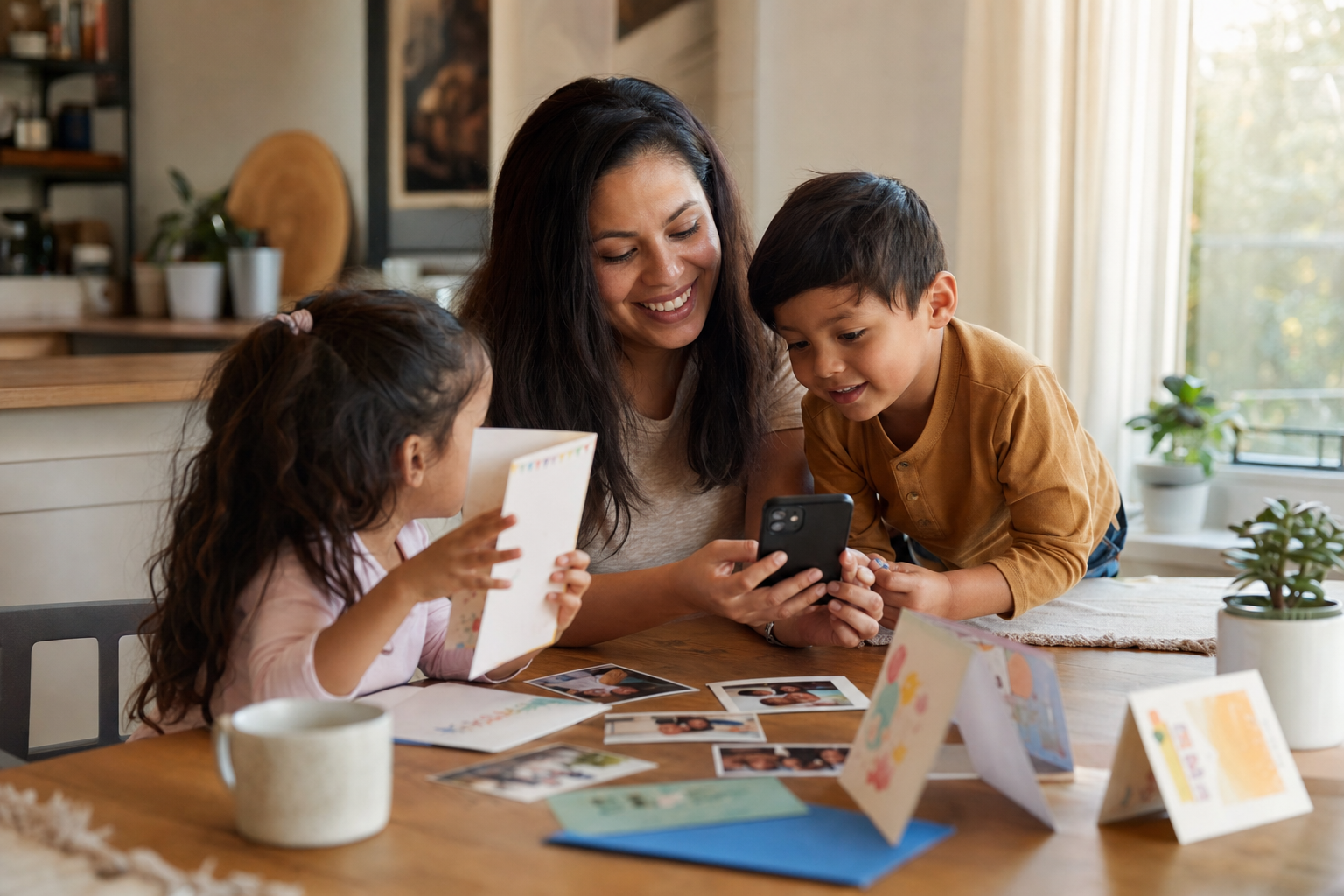 Latina mother and two young children gathering photos and phone clips for a grandparent birthday video