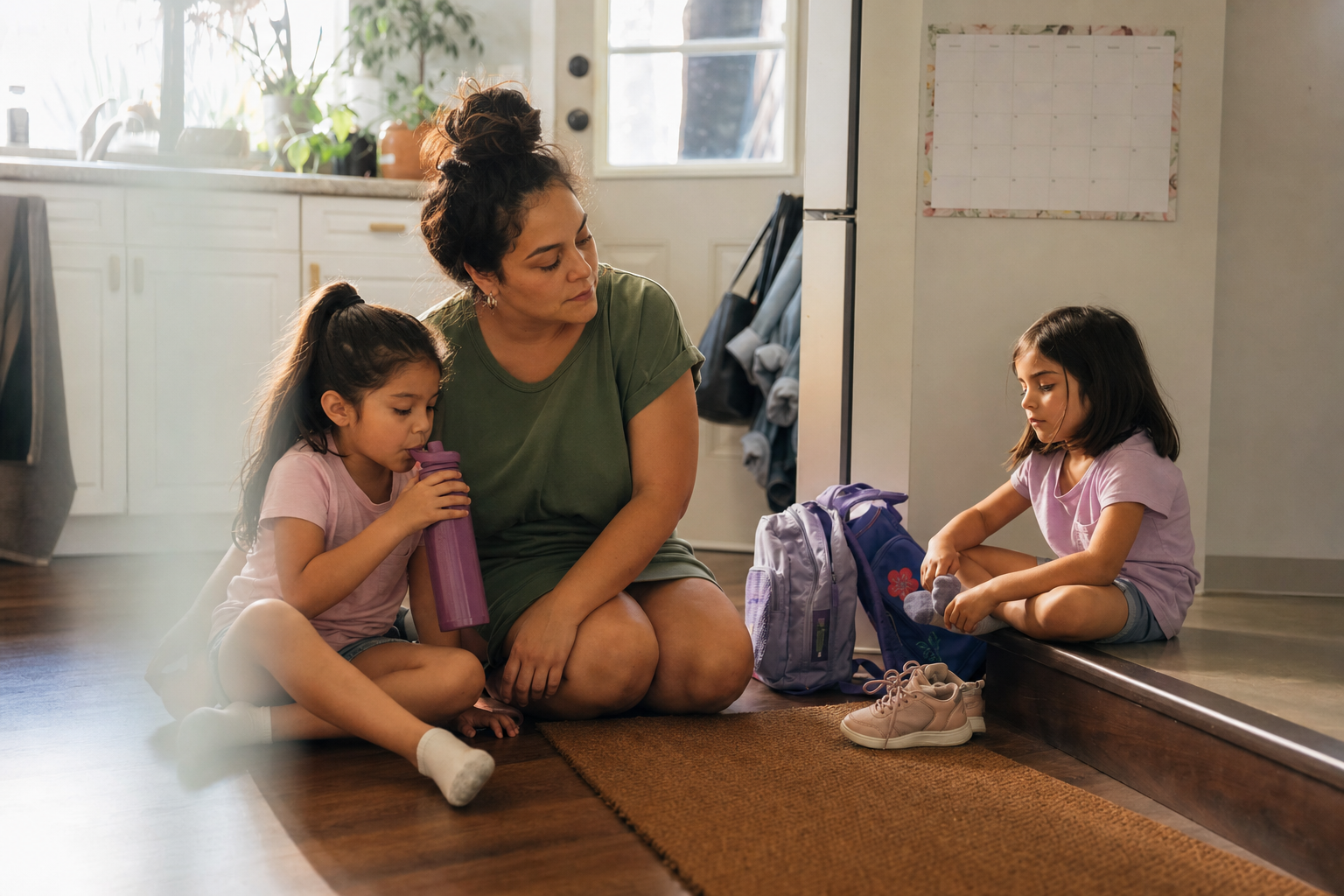 Latina mother with two young children near activity bags in a family entryway