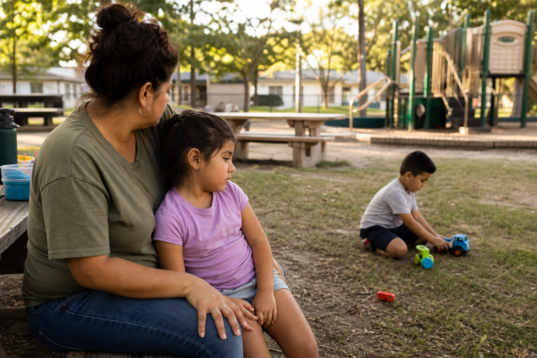 Latina mother sitting near two young children during a quiet playground friendship moment