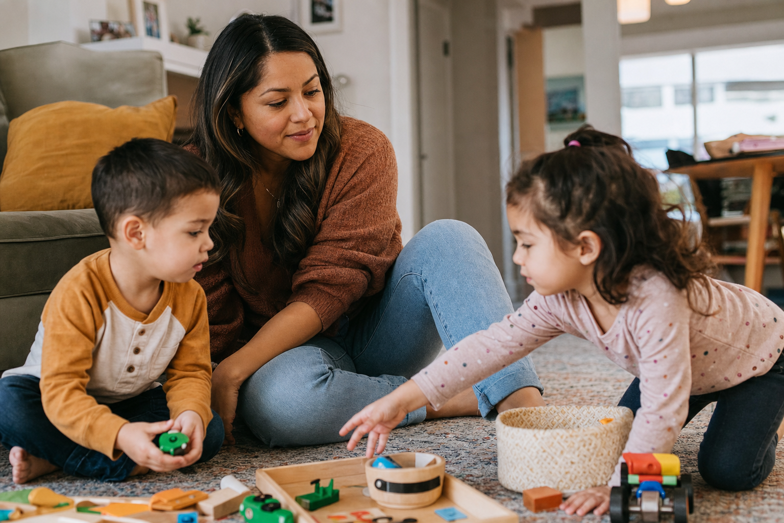 Latina mother watching two young children share toys on a living room rug