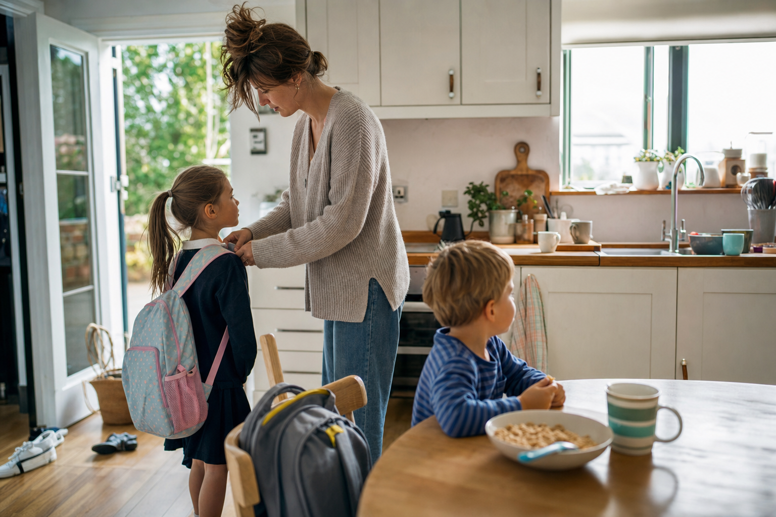 White mother helping two young children through the morning routine in a family kitchen