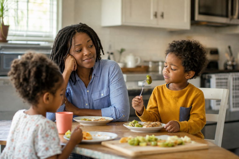 Black mother sitting with two young children during a picky eating moment at a kitchen table