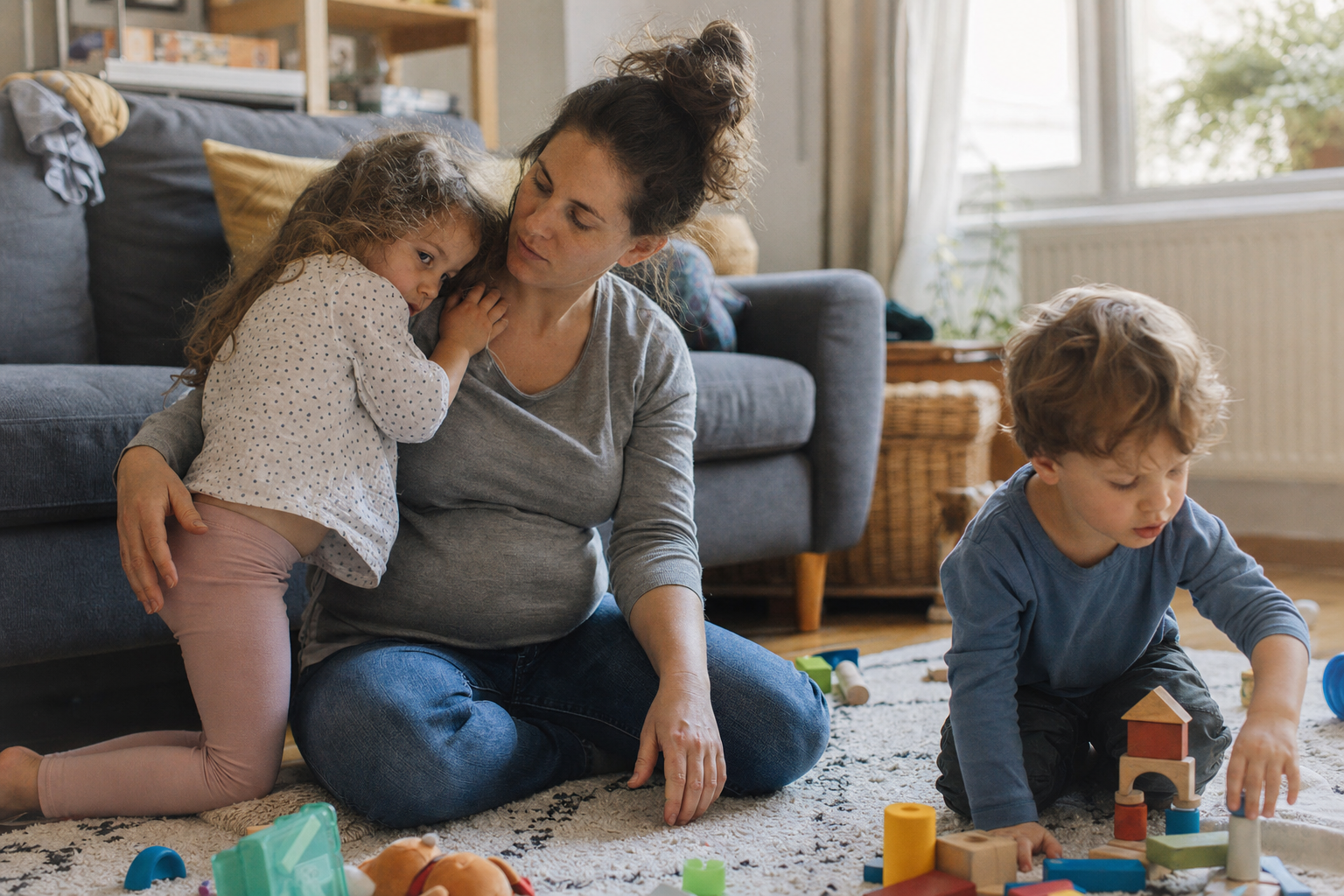 White mother sitting with two young children during a quiet sibling adjustment moment in a living room