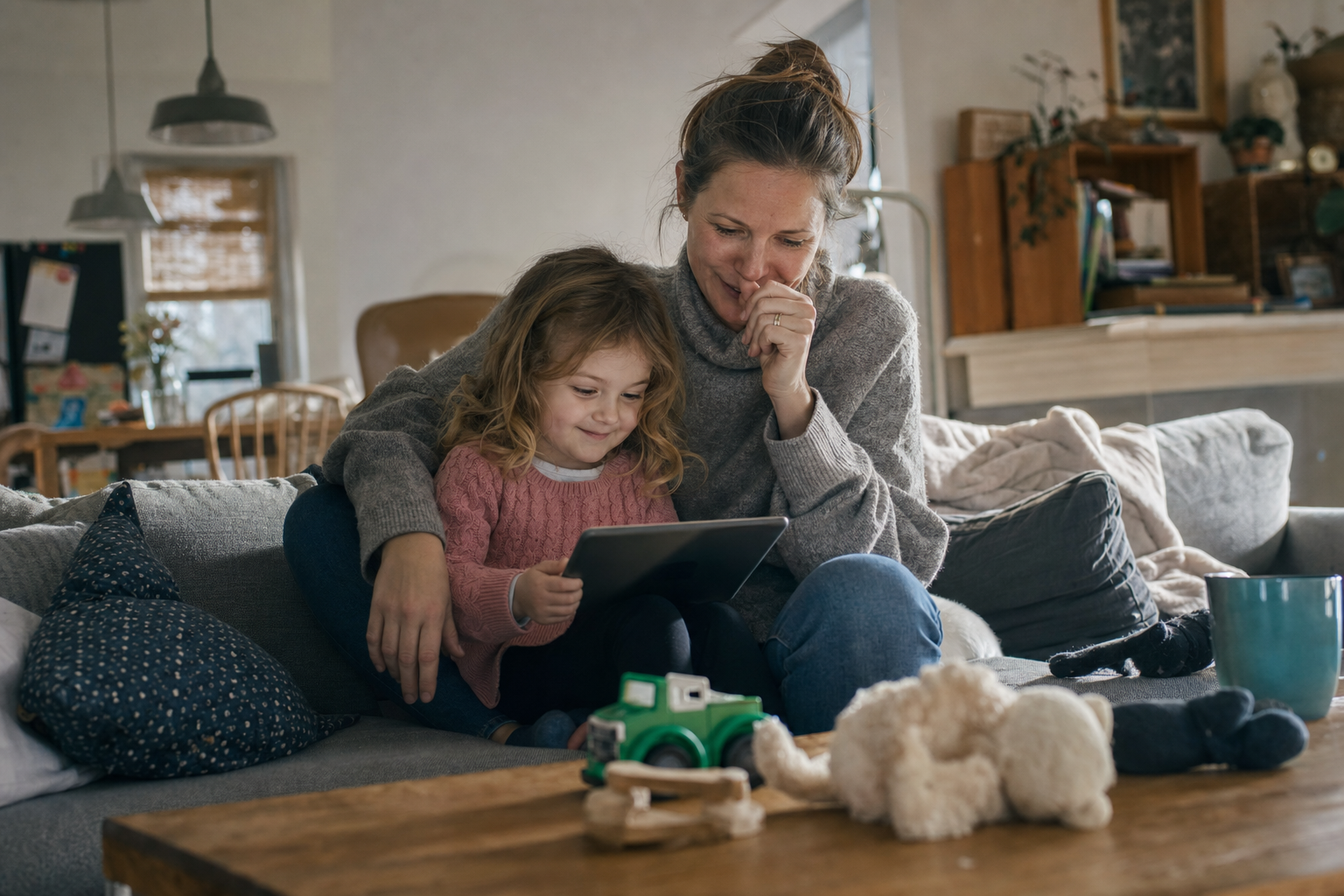 White mother and young child watching a surprise video gift together on a living room sofa