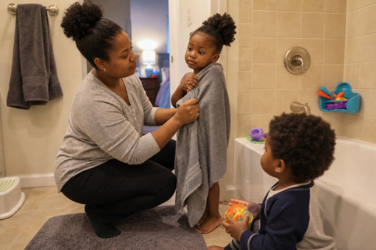 Black mother helping two young children during bath time in a family bathroom