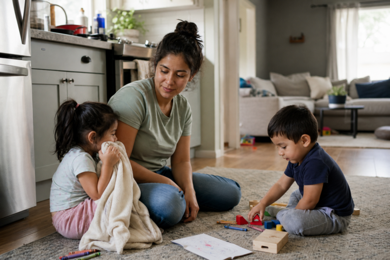 Latina mother sitting on the kitchen floor with two young children during a quiet big feelings moment at home