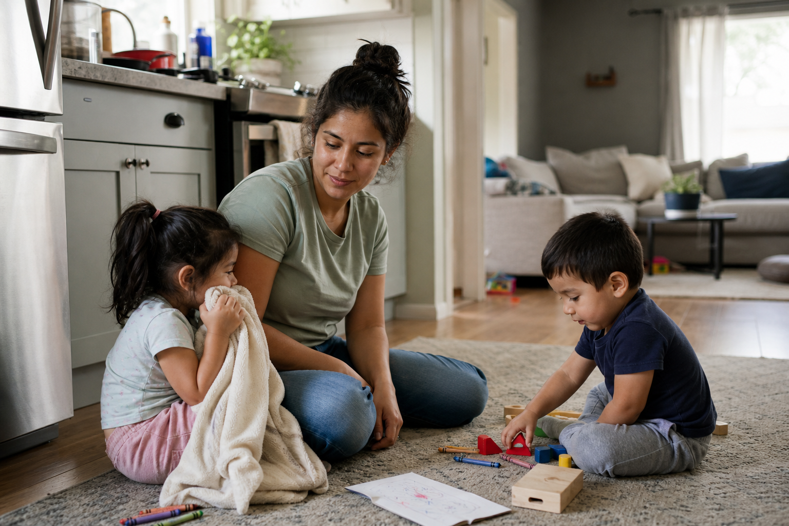 Latina mother sitting on the kitchen floor with two young children during a quiet big feelings moment at home