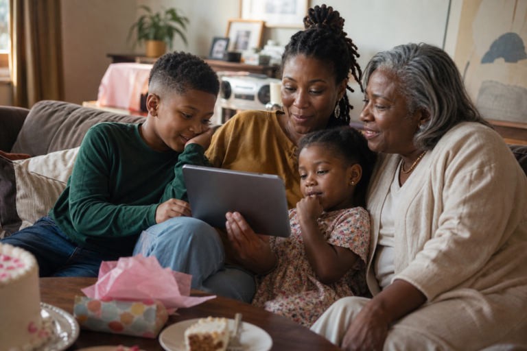 Black family watching a birthday surprise video together on a living room sofa
