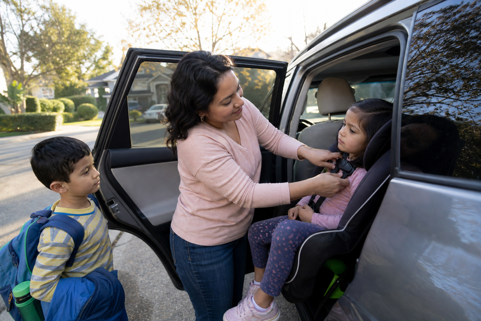 Latina mother helping her young child into a car seat while another child waits in the driveway