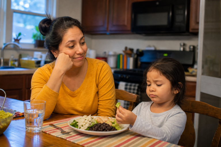 Latina mother sitting with her young child at a kitchen table during dinner