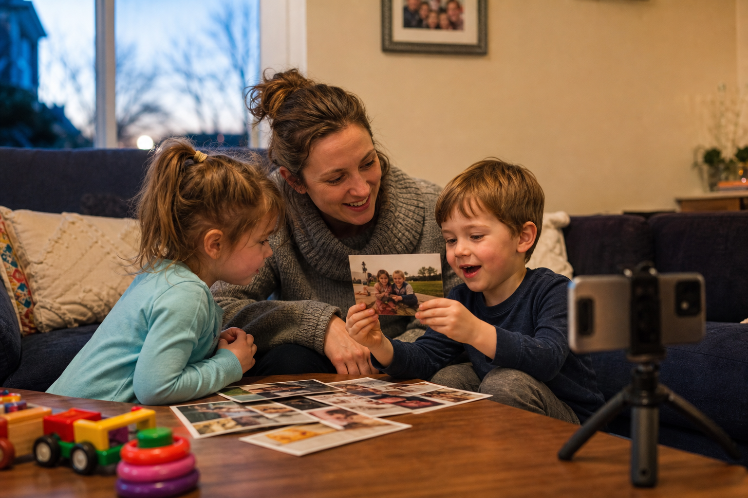 White mother and two young children recording a family story video with printed photos in a living room