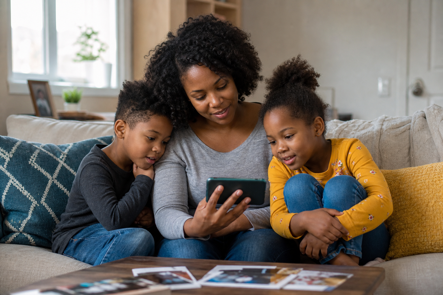 Black mother and two young children watching family video clips together on a living room sofa