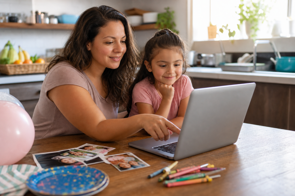 Latina mother and young child looking through family photos on a laptop at a kitchen table