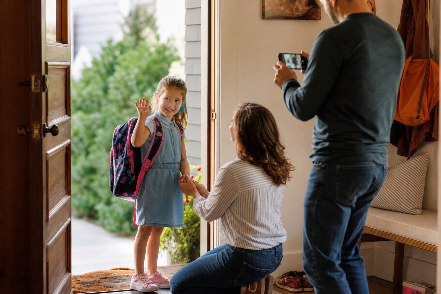 White family filming a young child waving at the front door on the first day of school