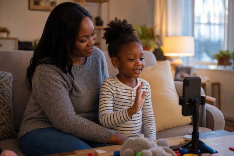 Black mother and young child recording a video message for grandparents in a cozy living room