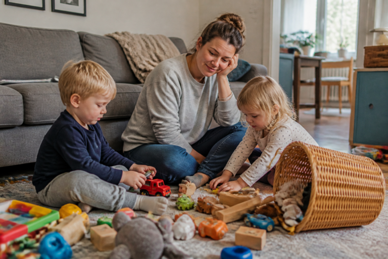 White mother sitting with two young children among scattered toys in a family living room