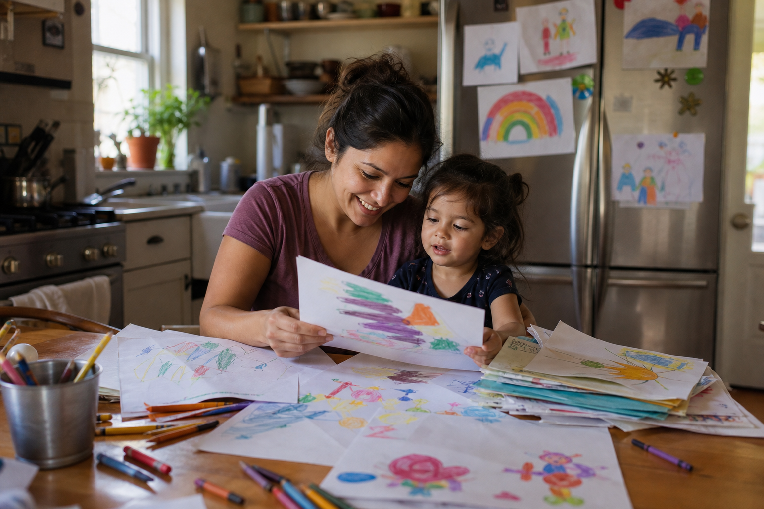 Latina mother and young child sorting children’s artwork at a kitchen table